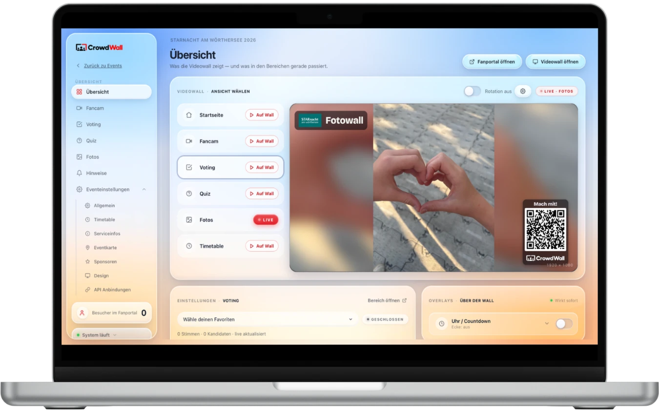 Crowdcontrol on a laptop: event overview with wall preview and live modules (demo screen)