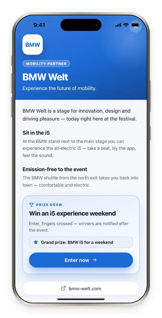 CrowdPortal on a phone with a sponsor page (demo screen)