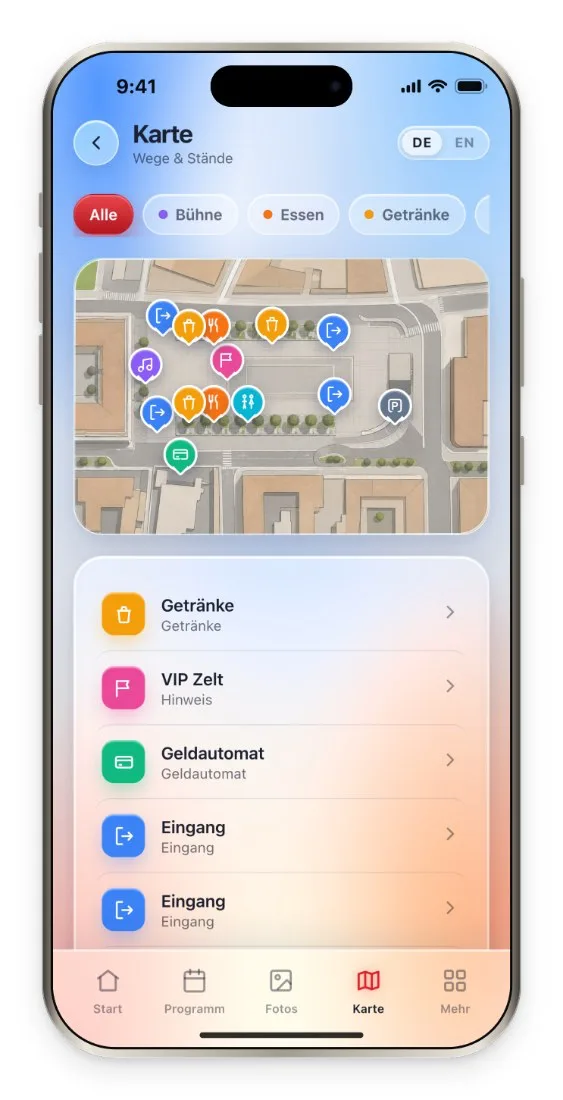 CrowdPortal on a phone with the event map (demo screen)