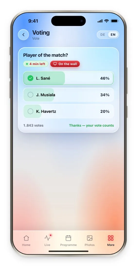 CrowdPortal on a phone with a live vote (demo screen)